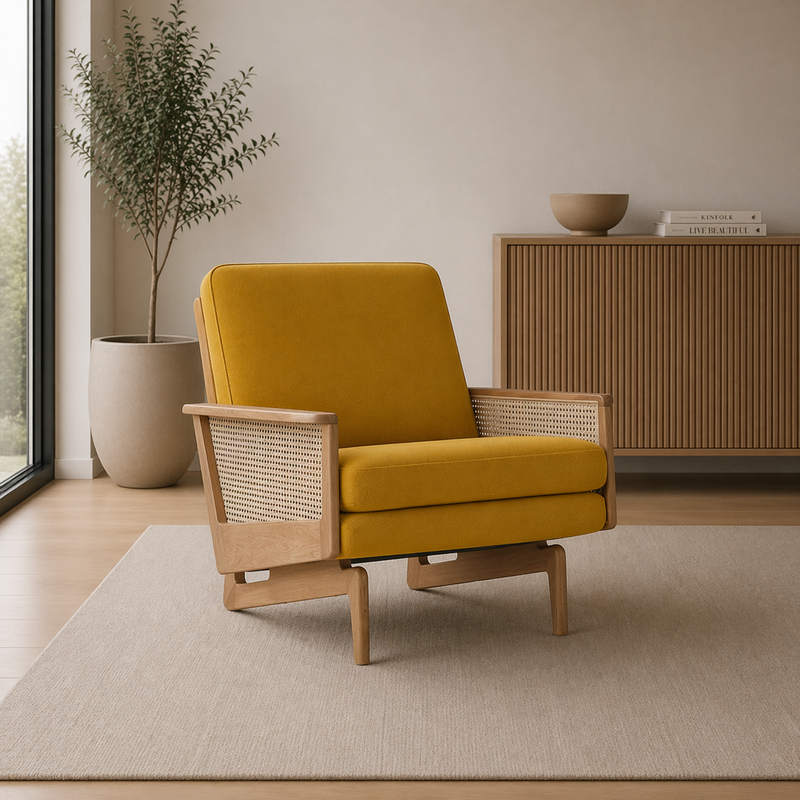 EGSMARK Cane Webbing Armchair - velvet ocre