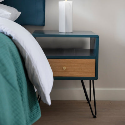 Kurt Bedside Table Teal (Teal/Oak)