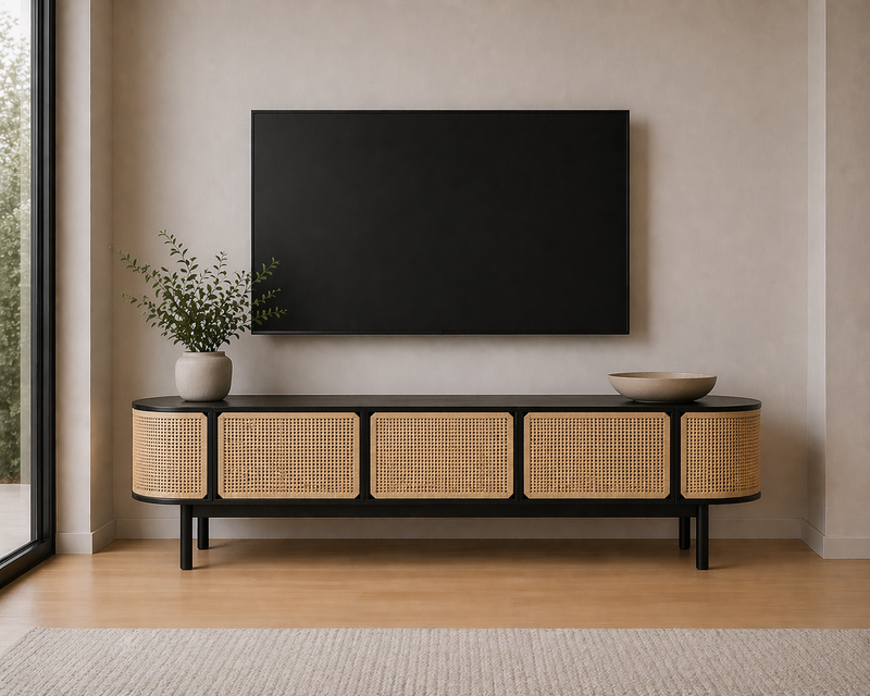 HYGGE TV Unit - black oak & cane - 160cm